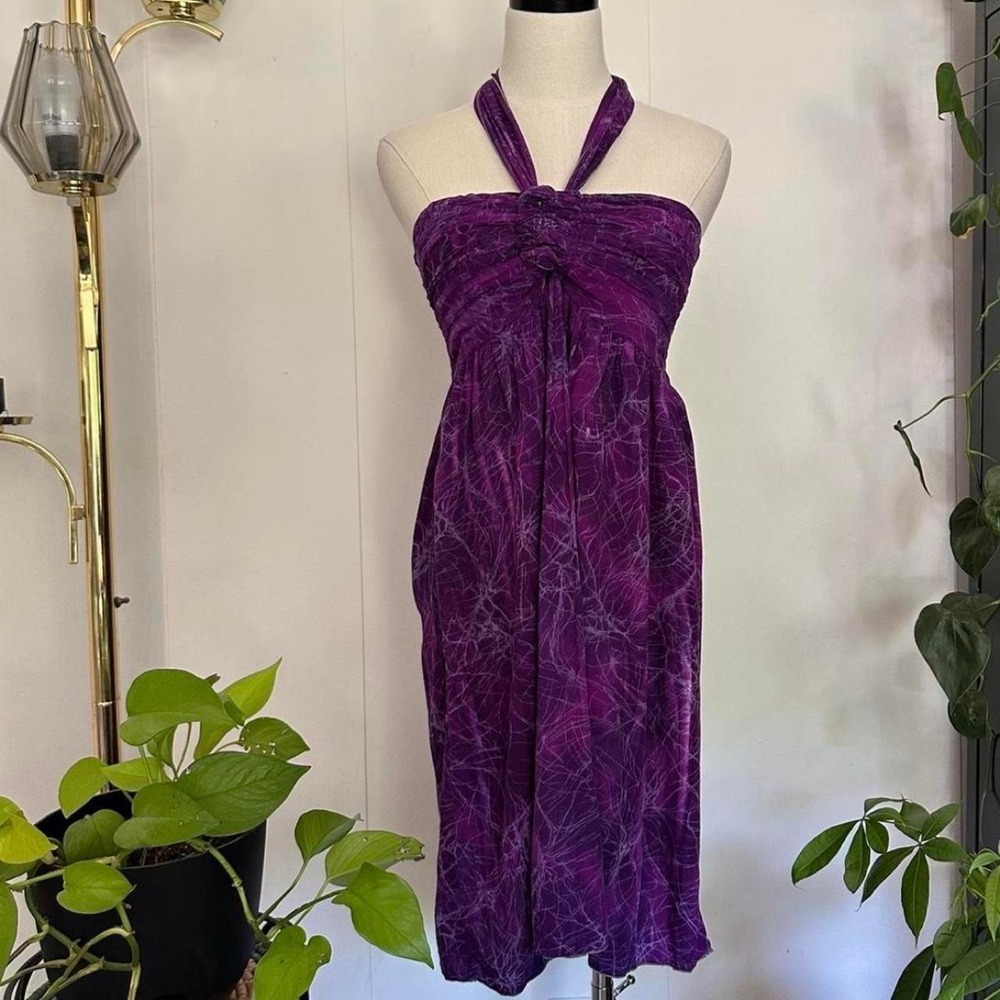 Vintage Tropical Group Hawaii Purple Tie Dye Batik Halter Midi Dress Small Bali